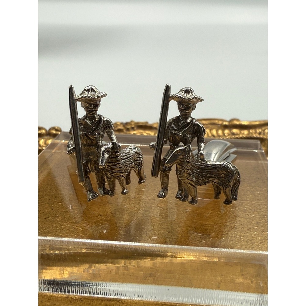 Vintage SAC Figural Cufflinks Silver Tone Man with Dog 3D Sarah Cov